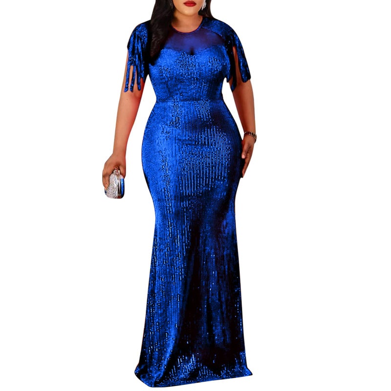 Cololura Sexy Sequin Tassel Mesh Perspective Party Cocktail Bodycon Evening Club Maxi Dress Blue - Image 1