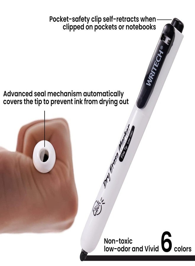 WRITECH أقلام سبورة قابلة للسحب من WRITECH: قلم سبورة برأس رفيع قابل للضغط، حبر ملون، قليل الرائحة، قابل للمسح، رأس رفيع قابل لإعادة التعبئة، متعدد الألوان، مجموعة أقلام سبورة بيضاء، 6 أقلام، لا يتسرب الحبر ولا يلطخ. - Image 3