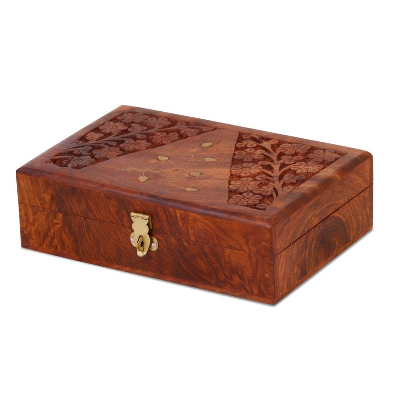 DigiRake Wooden Jewellery Box 10x6 Inch - Handmade Sheesham Wood Storage Organiser with Engraved Design, Multipurpose Gift Box - Image 1