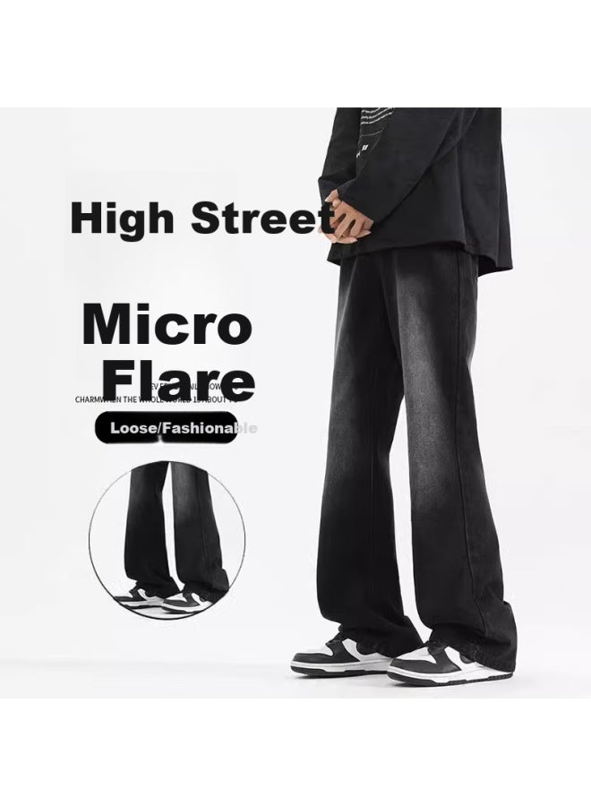 Maybeyond Men's Micro-flared Jeans, Autumn And Winter American Retro Style Pants, High Street Wide-leg Loose Trousers Ma87 Dark Gray M - Image 1