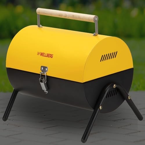 Wellberg Barrel Charcoal Barbeque Grill | Portable Outdoor BBQ Tandoor with Skewers, Heavy Duty Iron Body for Home & Garden Cooking - Image 1
