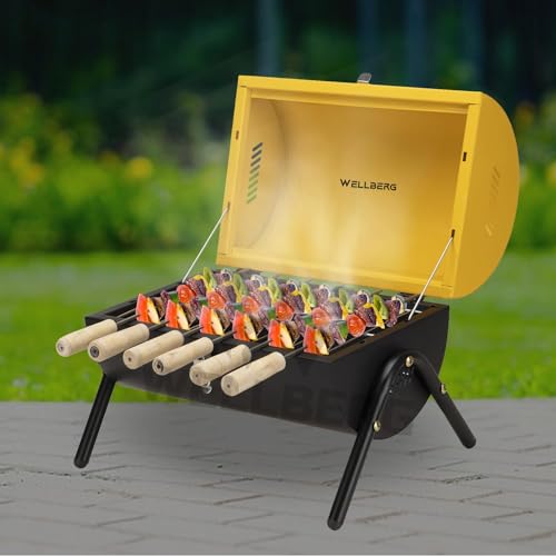 Wellberg Barrel Charcoal Barbeque Grill | Portable Outdoor BBQ Tandoor with Skewers, Heavy Duty Iron Body for Home & Garden Cooking - Image 2