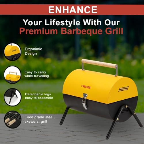 Wellberg Barrel Charcoal Barbeque Grill | Portable Outdoor BBQ Tandoor with Skewers, Heavy Duty Iron Body for Home & Garden Cooking - Image 3