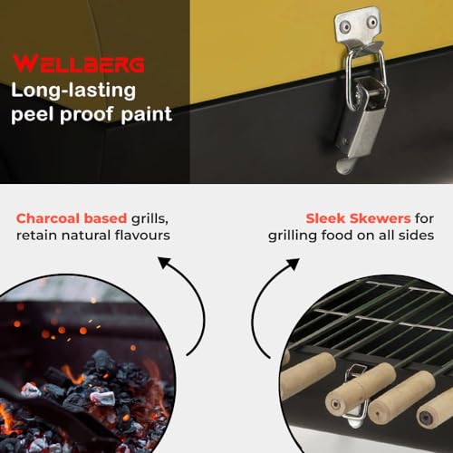 Wellberg Barrel Charcoal Barbeque Grill | Portable Outdoor BBQ Tandoor with Skewers, Heavy Duty Iron Body for Home & Garden Cooking - Image 5