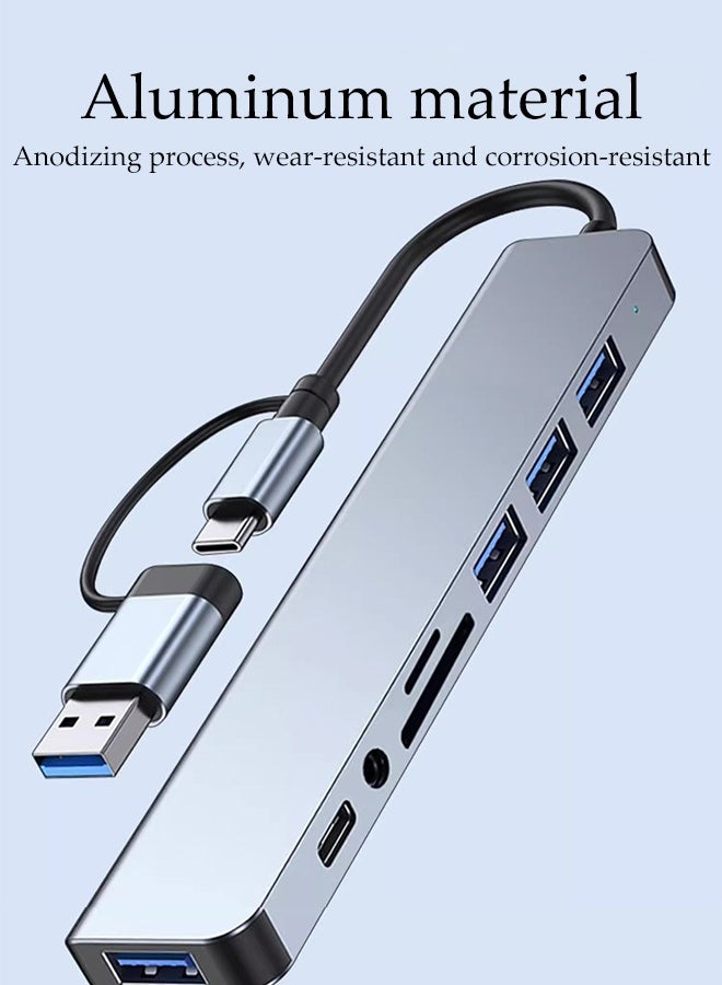DUNISO 8 in 1 USB C MultiPort Hub Portable Aluminium Alloy Port USB Powered Hub Dual Port Multifunctional Card Reader Notebook Extender Ultra Slim Data Hub for Laptop, Desktop PC， Mouse, Keyboard, Printer - Image 2