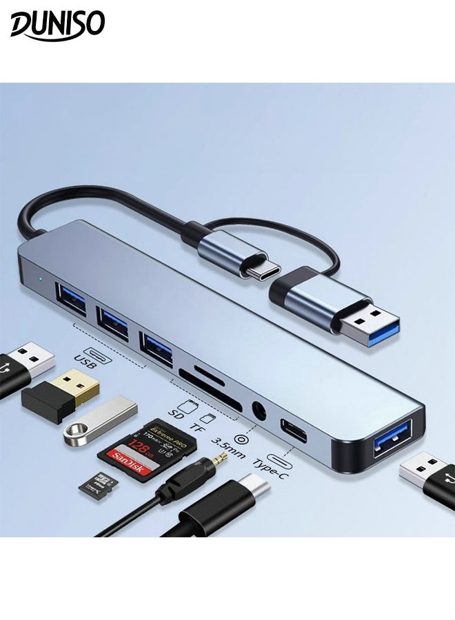 DUNISO 8 in 1 USB C MultiPort Hub Portable Aluminium Alloy Port USB Powered Hub Dual Port Multifunctional Card Reader Notebook Extender Ultra Slim Data Hub for Laptop, Desktop PC， Mouse, Keyboard, Printer - Image 1