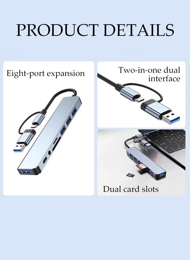 DUNISO 8 in 1 USB C MultiPort Hub Portable Aluminium Alloy Port USB Powered Hub Dual Port Multifunctional Card Reader Notebook Extender Ultra Slim Data Hub for Laptop, Desktop PC， Mouse, Keyboard, Printer - Image 5