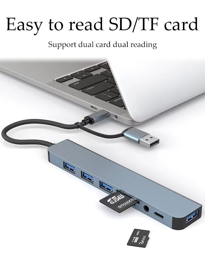 DUNISO 8 in 1 USB C MultiPort Hub Portable Aluminium Alloy Port USB Powered Hub Dual Port Multifunctional Card Reader Notebook Extender Ultra Slim Data Hub for Laptop, Desktop PC， Mouse, Keyboard, Printer - Image 3