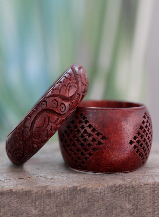 NOVICA Artisan Handmade Wood Bangle Bracelets Artisan Crafted Floral Mango India Aurora Red 'India Romance' (pair) - Image 2