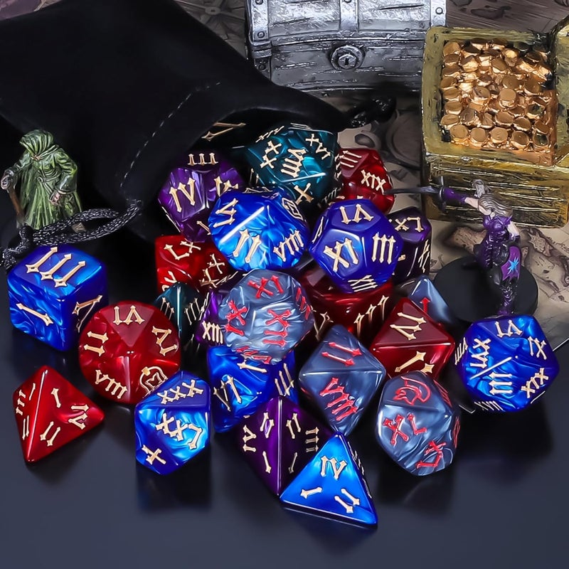 QMAY 5 Sets Polyhedral Dice - 5 X 7 (35 Pieces) DND Dice with 5 Drawstring Bags, Roman Number Pattern D4 D6 D8 D10 D% D12 D20, Great for Dungeons and Dragons, RPG, MTG,Role Playing Table Games - Image 4