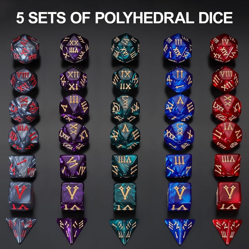 QMAY 5 Sets Polyhedral Dice - 5 X 7 (35 Pieces) DND Dice with 5 Drawstring Bags, Roman Number Pattern D4 D6 D8 D10 D% D12 D20, Great for Dungeons and Dragons, RPG, MTG,Role Playing Table Games - Image 3