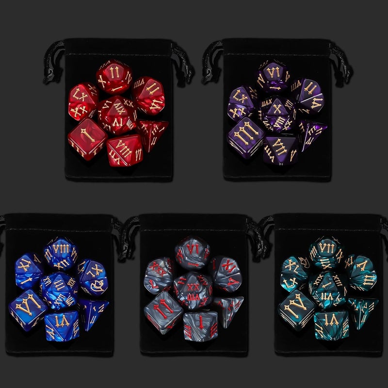 QMAY 5 Sets Polyhedral Dice - 5 X 7 (35 Pieces) DND Dice with 5 Drawstring Bags, Roman Number Pattern D4 D6 D8 D10 D% D12 D20, Great for Dungeons and Dragons, RPG, MTG,Role Playing Table Games - Image 2