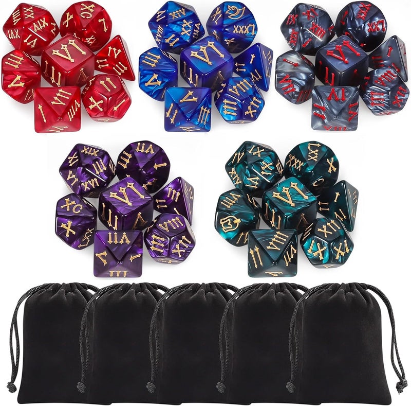 QMAY 5 Sets Polyhedral Dice - 5 X 7 (35 Pieces) DND Dice with 5 Drawstring Bags, Roman Number Pattern D4 D6 D8 D10 D% D12 D20, Great for Dungeons and Dragons, RPG, MTG,Role Playing Table Games - Image 1