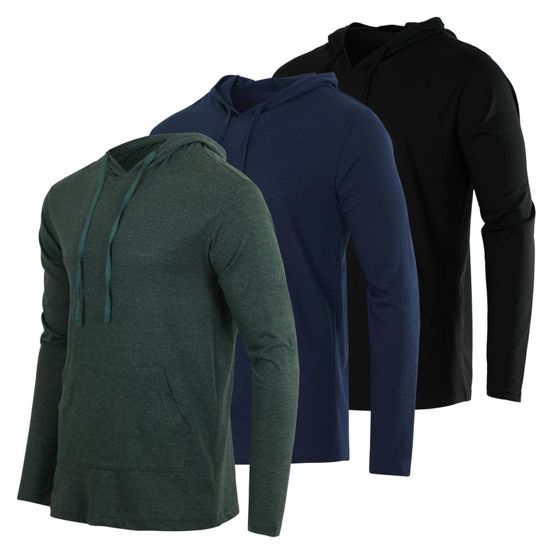 REALESSENTIALS 3 Pack: Men’s Cotton Lightweight Hoodie Long Sleeve Hooded T Shirt Sweatshirt French Terry Casual Performance Active Athletic Workout Gym Quick Dry Fit Jersey Pullover UPF 50 Outdoor-Set 1,XL - Image 1