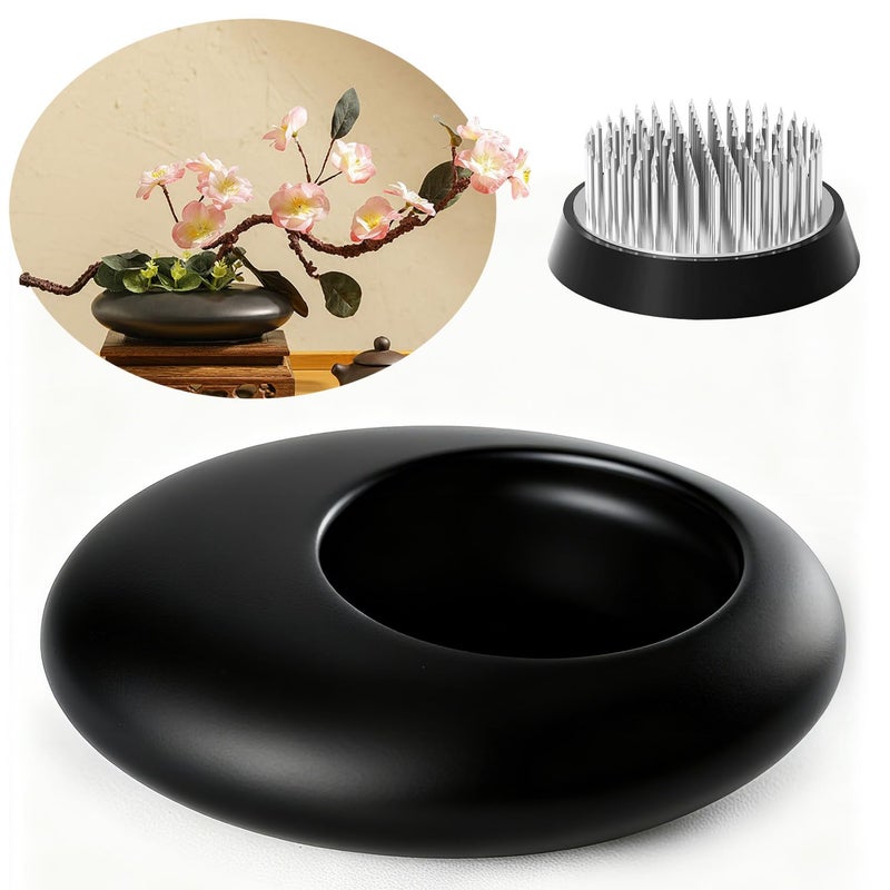 Japanese Inspired Ceramic Vase Ikebana kit Pebble Shaped Flower Arrangement Bowl with 2inch Flower Frog Pin Frog Flower Stems Holder Black