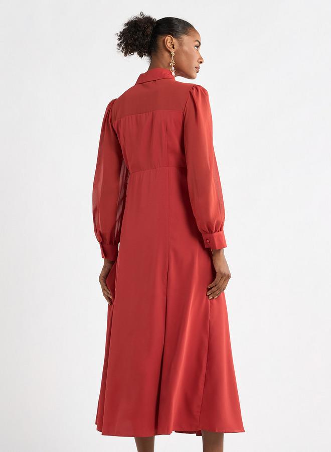 سبلاش فيڤ فستان قميص إيه لاين سادة بأكمام طويلة - Image 3