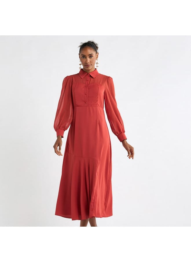FAV - Solid A-line Shirt Dress with Long Sleeves - Image 1