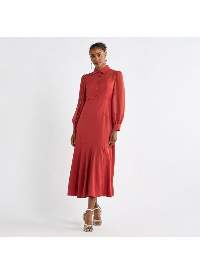 FAV - Solid A-line Shirt Dress with Long Sleeves - Image 1
