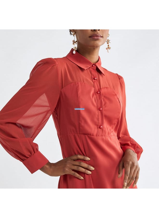 FAV - Solid A-line Shirt Dress with Long Sleeves - Image 1