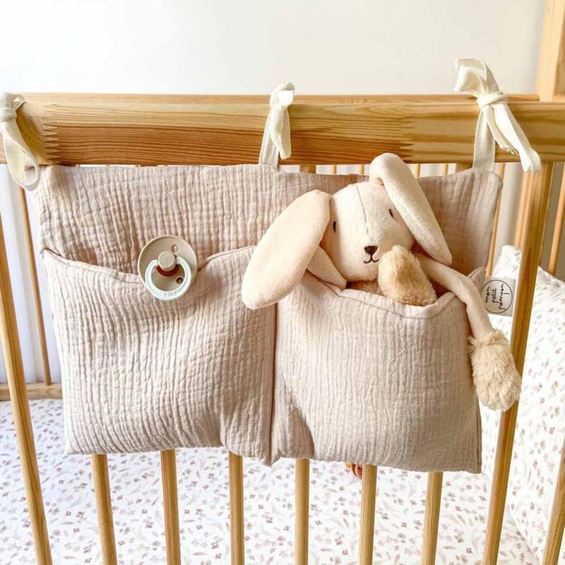 YeeMan Cotton Baby Bedside Hanging Storage Bag,2 Pockets Organizer for Baby Cribs and Toys (Oatmeal) - Image 1