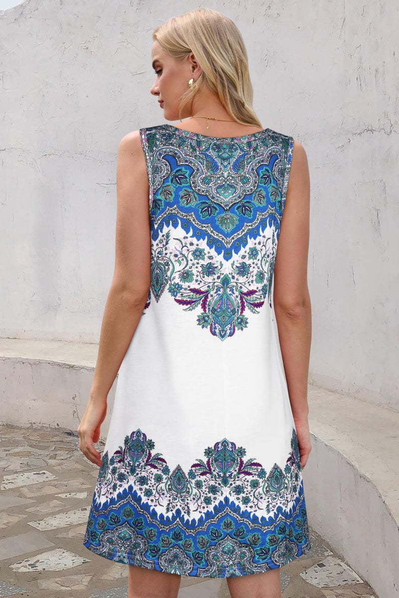 elescat Summer Dresses for Women Beach Boho Sleeveless Vintage Floral Flowy Pocket Tshirt Tank Sundresses(Blue White Boho, L) - Image 5
