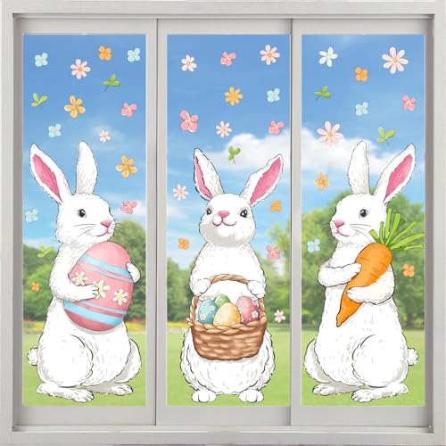 Bunny Chorus Farmhouse Easter Decorations Window Clings: Extra Large Easter Bunny Holding Eggs Carrot, Cute Rustic White Rabbits Spring Window Clings for Glass Windows, Kids Home Office Party Gifts, 6 Sheets - Image 1