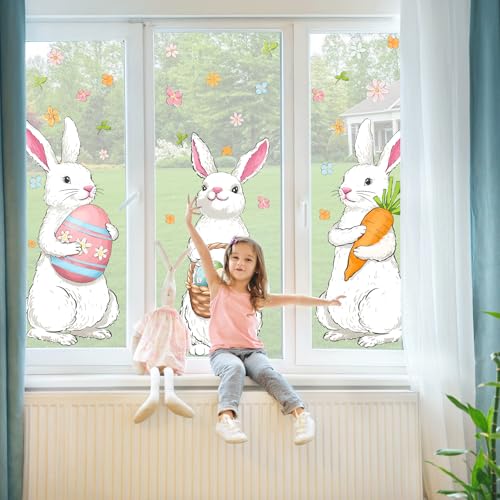 Bunny Chorus Farmhouse Easter Decorations Window Clings: Extra Large Easter Bunny Holding Eggs Carrot, Cute Rustic White Rabbits Spring Window Clings for Glass Windows, Kids Home Office Party Gifts, 6 Sheets - Image 5