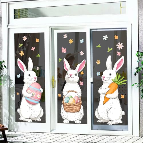 Bunny Chorus Farmhouse Easter Decorations Window Clings: Extra Large Easter Bunny Holding Eggs Carrot, Cute Rustic White Rabbits Spring Window Clings for Glass Windows, Kids Home Office Party Gifts, 6 Sheets - Image 4