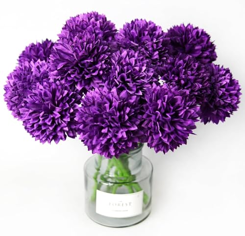 Tinsow 12 Pcs Artificial Flowers Purple Faux Ball Chrysanthemum Bouquet Flowers Wedding Bouquet for Home Garden Party Wedding Decoration - Image 1