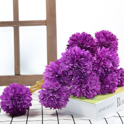 Tinsow 12 Pcs Artificial Flowers Purple Faux Ball Chrysanthemum Bouquet Flowers Wedding Bouquet for Home Garden Party Wedding Decoration - Image 2
