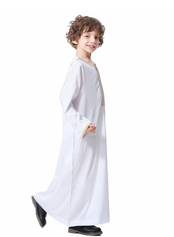HAWAWA Kids Thobe for Muslim Boys Long Sleeve Kaftan Embroidered Crew Collar Robe with Zipper and Pockets Islamic Arabic Abaya Clothes(110CM) - Image 5
