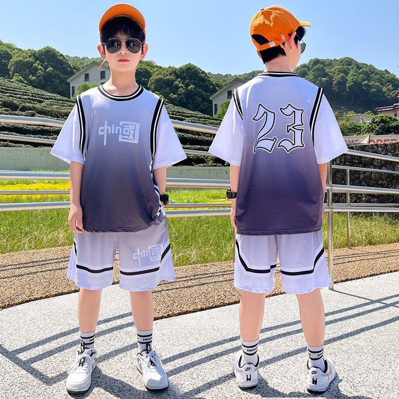 Childrens Clothing Boys Summer Sports Basketball Suit 2023 New Style Mid-Big Boys Western Style Summer Short-Sleeved Fashionable Grey 