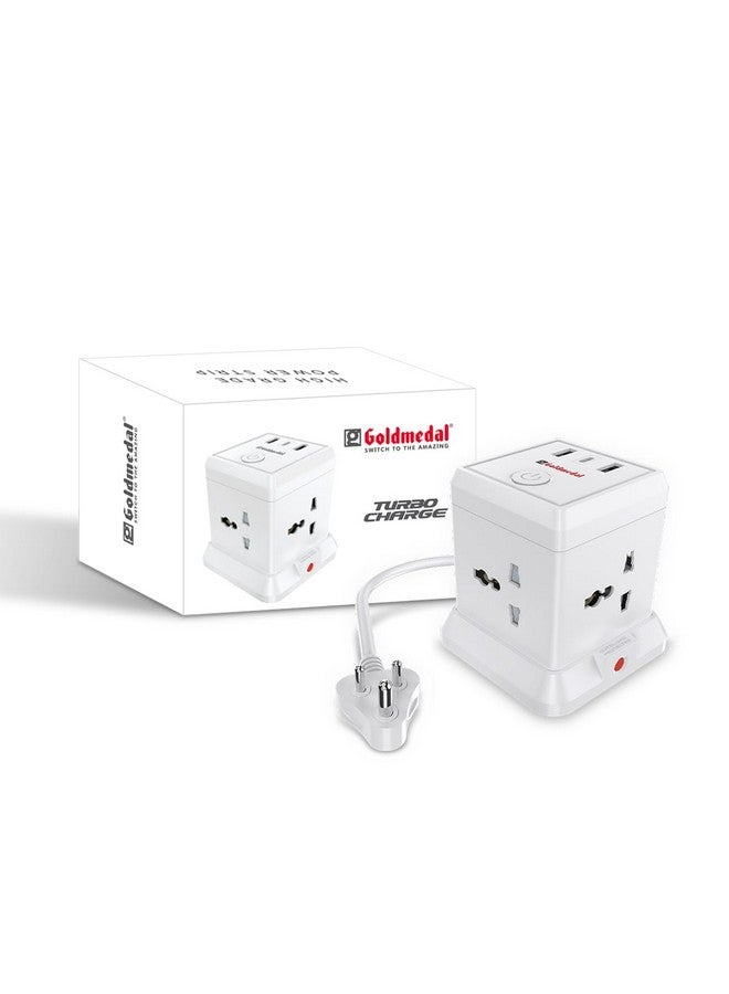 GOLD MEDAL موزع طاقة جولدميدال توربو تشارج 4+3 (طول كابل 2 متر) مع منفذي USB مزدوجين + 1 منفذ USB-C، حماية من الحمل الزائد، مفتاح رئيسي مع مؤشر وغطاء أمان - أبيض، عبوة من 1 للاستخدام المنزلي والمكتبي - Image 1