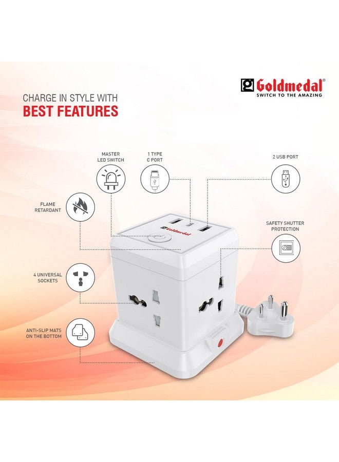 GOLD MEDAL موزع طاقة جولدميدال توربو تشارج 4+3 (طول كابل 2 متر) مع منفذي USB مزدوجين + 1 منفذ USB-C، حماية من الحمل الزائد، مفتاح رئيسي مع مؤشر وغطاء أمان - أبيض، عبوة من 1 للاستخدام المنزلي والمكتبي - Image 3