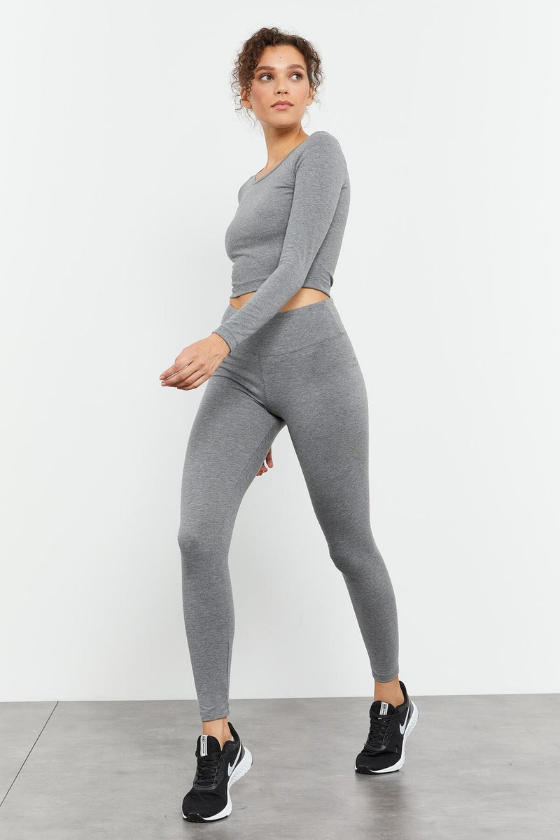 Tommy Life Gray Melange Women's High Waist Long Sleeve Slim Fit Crop Top Leggings Set - 95286  - Image 1