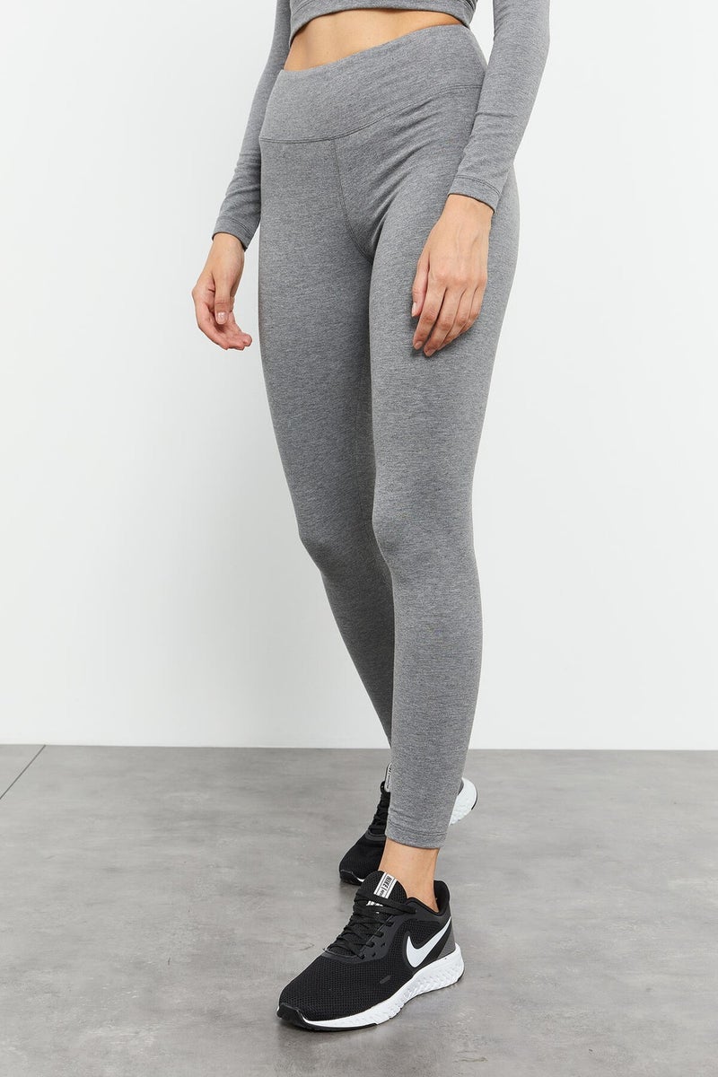 Tommy Life Gray Melange Women's High Waist Long Sleeve Slim Fit Crop Top Leggings Set - 95286  - Image 2