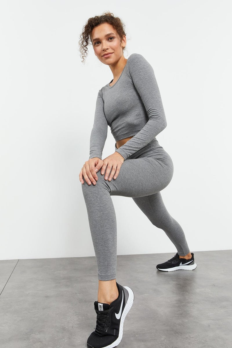 Tommy Life Gray Melange Women's High Waist Long Sleeve Slim Fit Crop Top Leggings Set - 95286  - Image 4
