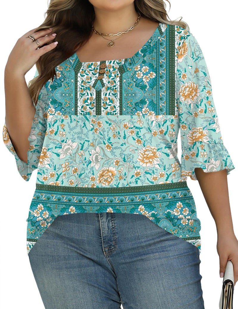 TFSDOD Womens Plus Size Button Down Shirts Ruffle 3/4 Sleeve Spring Tops Boho Pleated V Neck Loose Fit Clothes Green Boho 3XL - Image 4
