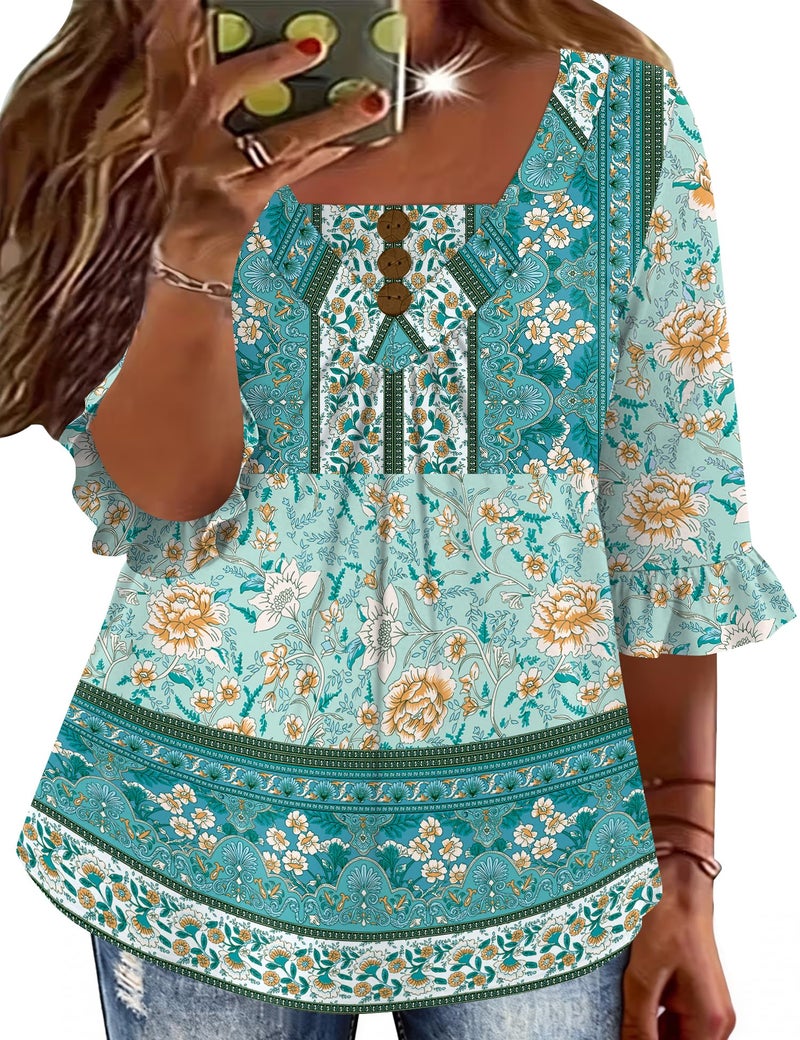 TFSDOD Womens Plus Size Button Down Shirts Ruffle 3/4 Sleeve Spring Tops Boho Pleated V Neck Loose Fit Clothes Green Boho 3XL - Image 1