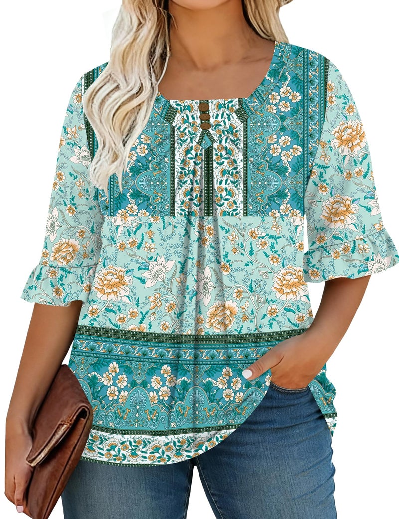 TFSDOD Womens Plus Size Button Down Shirts Ruffle 3/4 Sleeve Spring Tops Boho Pleated V Neck Loose Fit Clothes Green Boho 3XL - Image 2