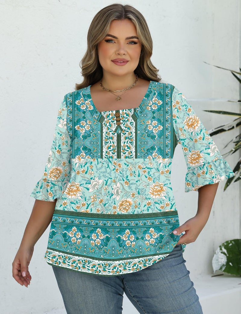 TFSDOD Womens Plus Size Button Down Shirts Ruffle 3/4 Sleeve Spring Tops Boho Pleated V Neck Loose Fit Clothes Green Boho 3XL - Image 5