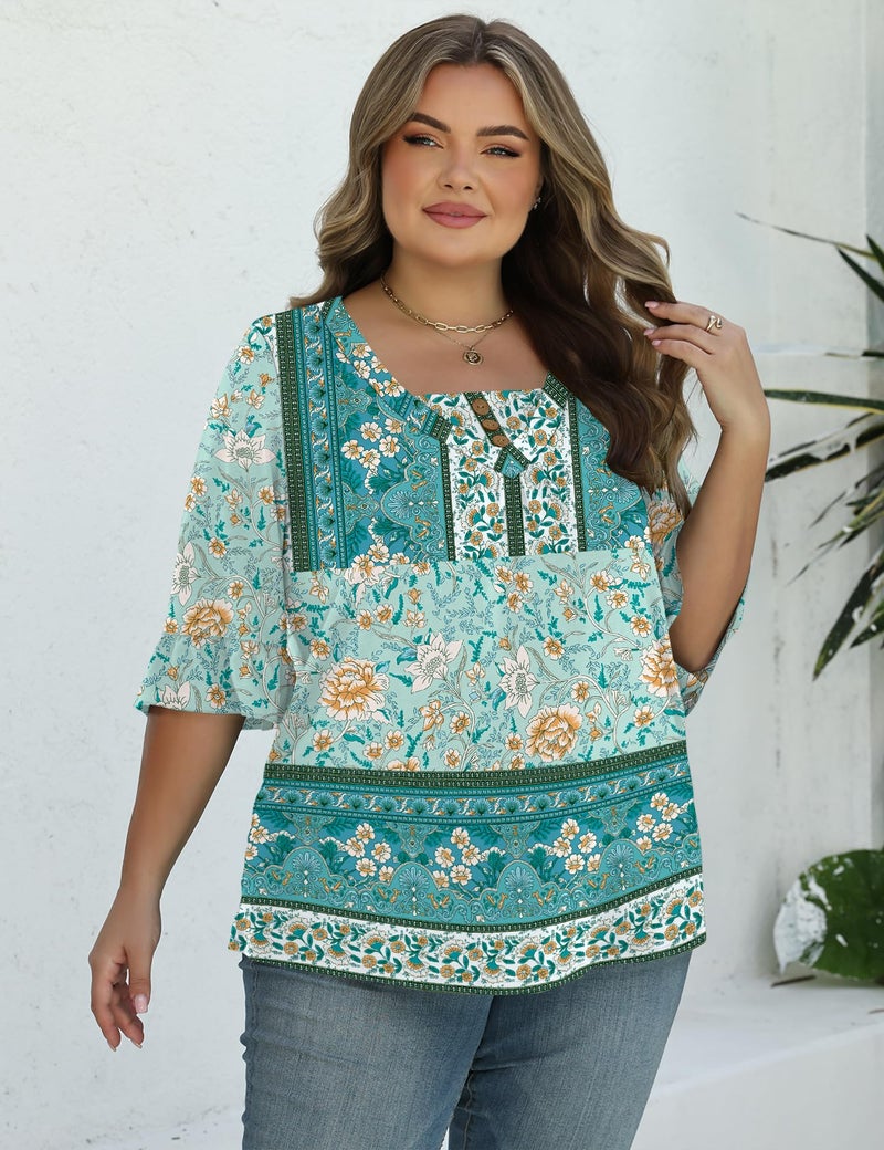 TFSDOD Womens Plus Size Button Down Shirts Ruffle 3/4 Sleeve Spring Tops Boho Pleated V Neck Loose Fit Clothes Green Boho 3XL - Image 3