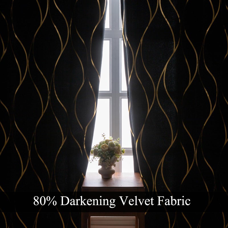 L.Z.E Black Gold Blackout Curtains for Bedroom, Heavy Duty Velvet Curtains 84 Inches Long 2 Panels Set, 80% Room Darkening Curtains for Living Room, Extra Thick Drapes with Gold Pattern Grommet Top - Image 2