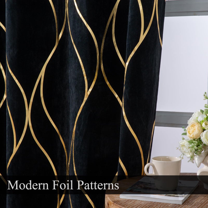 L.Z.E Black Gold Blackout Curtains for Bedroom, Heavy Duty Velvet Curtains 84 Inches Long 2 Panels Set, 80% Room Darkening Curtains for Living Room, Extra Thick Drapes with Gold Pattern Grommet Top - Image 3