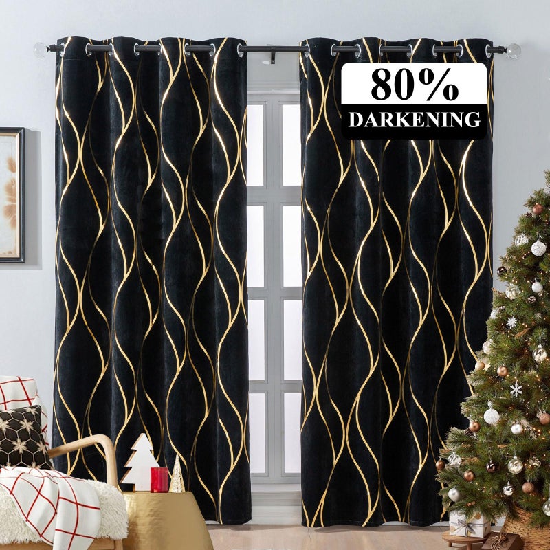 L.Z.E Black Gold Blackout Curtains for Bedroom, Heavy Duty Velvet Curtains 84 Inches Long 2 Panels Set, 80% Room Darkening Curtains for Living Room, Extra Thick Drapes with Gold Pattern Grommet Top - Image 1