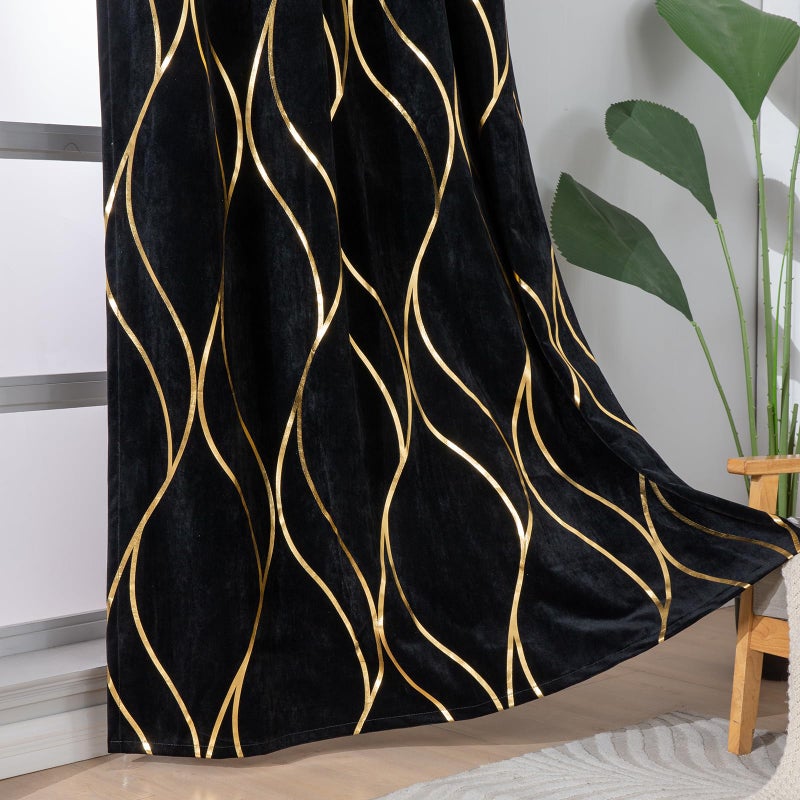 L.Z.E Black Gold Blackout Curtains for Bedroom, Heavy Duty Velvet Curtains 84 Inches Long 2 Panels Set, 80% Room Darkening Curtains for Living Room, Extra Thick Drapes with Gold Pattern Grommet Top - Image 4