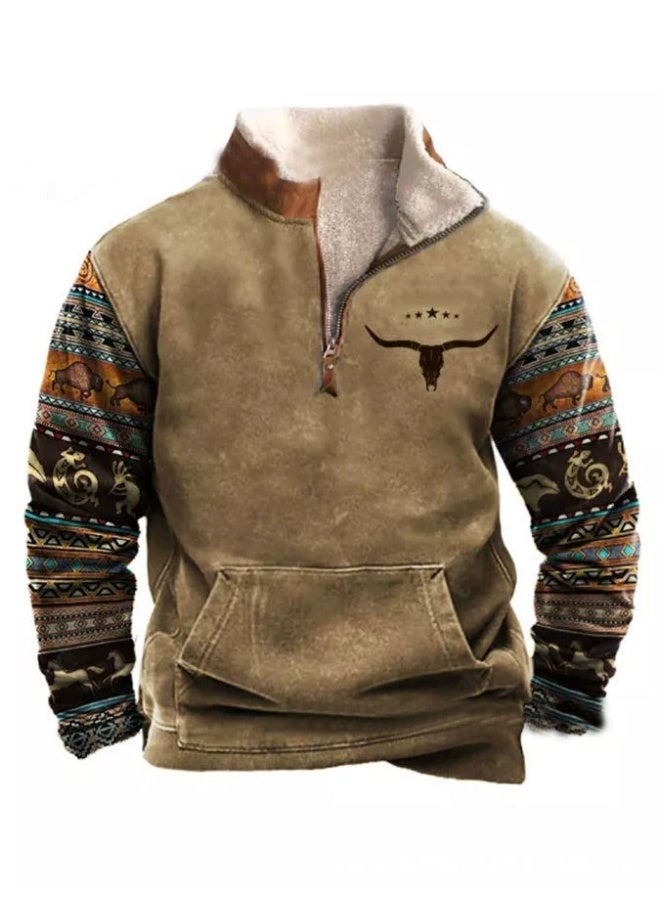 general HOTYD Men's 1/4 Zip Fleece Stand Collar Sweatshirt Aztec Pattern Oversized Long Sleeve Pullover Hoodie - Image 1