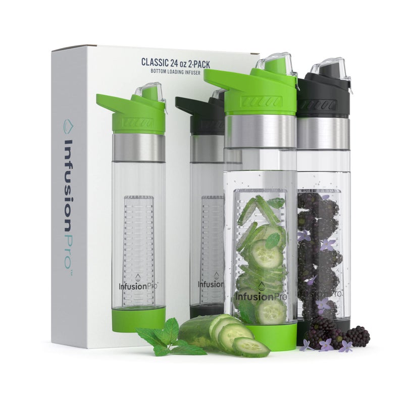 Infusion Pro 24 oz Fruit Infuser Water Bottle, 2 Pack, Flip Top Lid, Insulated Sleeve & Fruit Infused Water eBook : Bottom Loading Infuser for More Flavor : Unique Gift Idea - Image 1