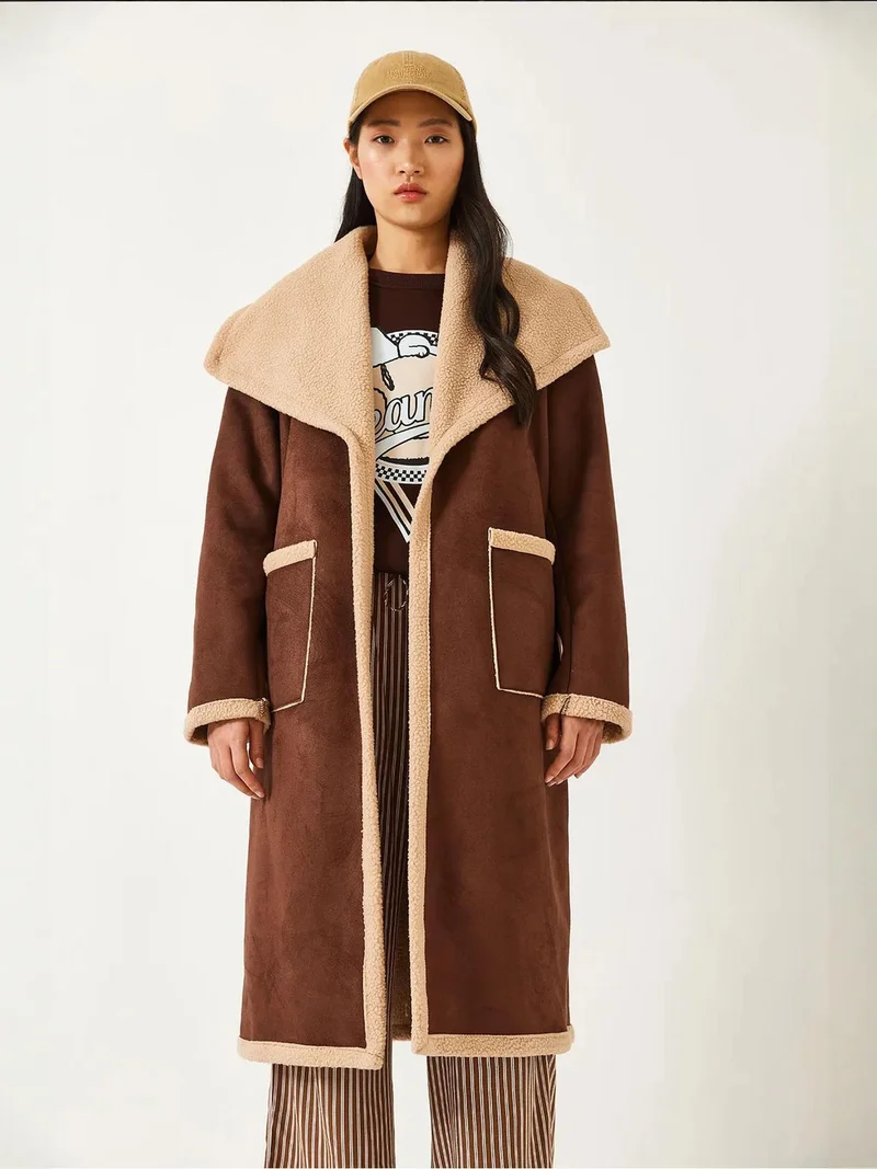 Bianco Lucci LUCCI Long Plush Shawl Collar Coat