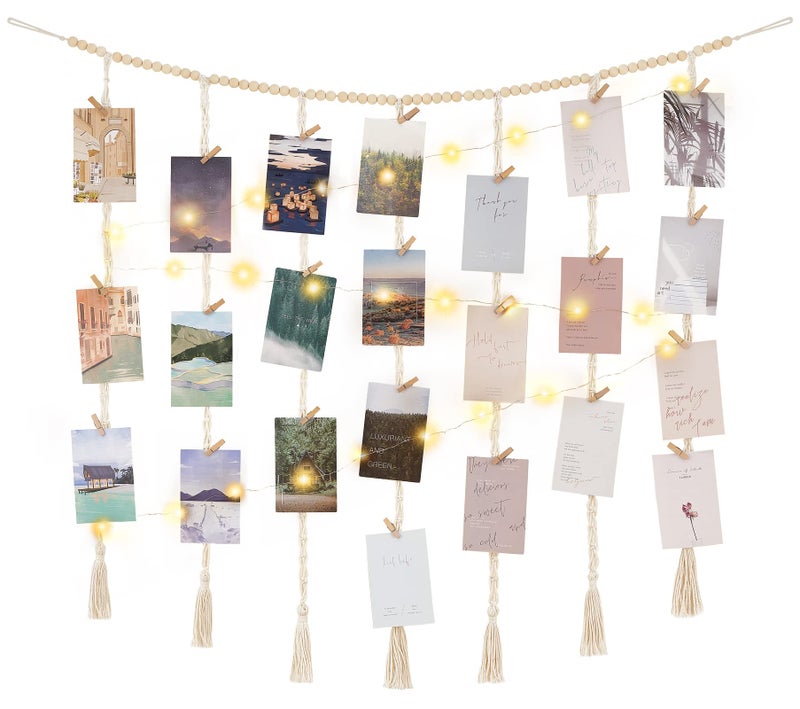 Mkono Macrame Hanging Photo Display Wall Decor with String Lights Boho Wooden Beads Garland Collage Picture Card Frame Holder with 45 Clips for Bedroom Living Room Dorm Teen Girls Christmas Gifts